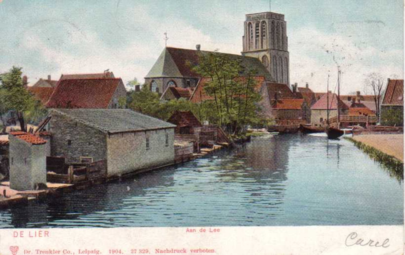 De Lier en 1904 : vue sur la Lee avec l'église en arrière-plan — Westlands Museum