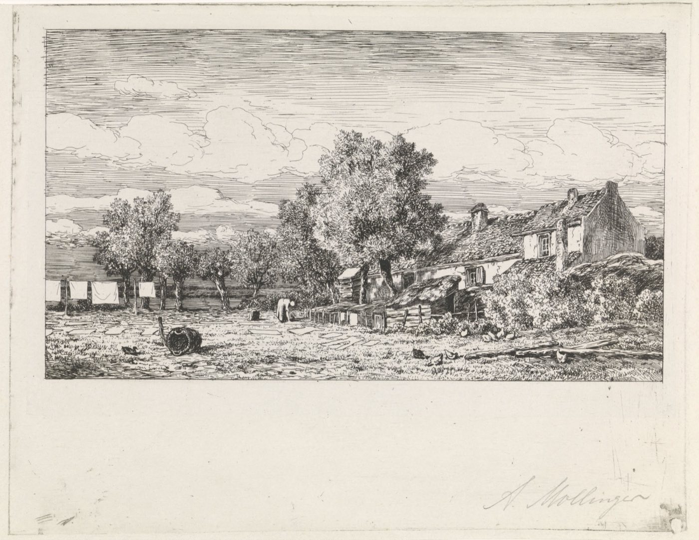 A bleachery with laundry on the grass, etching by Alexander Mollinger, 1846–1867 — Rijksmuseum